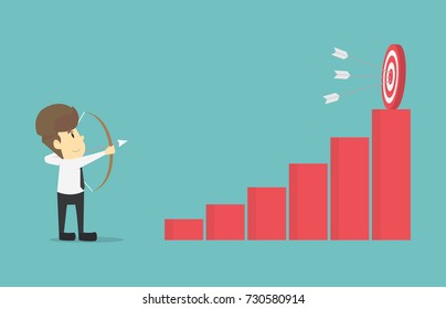 Businessman archery goal the increased.Cartoon of business success is the concept of the man characters business,the mood of people,can be used as a background,banner,infographics.vector illustration