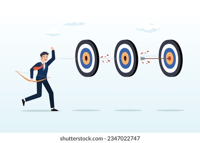 Businessman archery hit multiple bullseye with single arrow, completed multiple tasks with single action, business advantage or efficiency to success, achieve many targets with small effort (Vector)