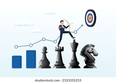 Businessman archery on king chess growth chart aiming at target, strategy to win business success, growing to achieve target or strategic growth, challenge or mission, management and planning (Vector)