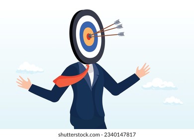 Businessman archery target head and 3 arrows hit bullseye accurately, marketing target audience for advertising, head hunter for job and career recruitment, targeting customer or prospect (Vector)