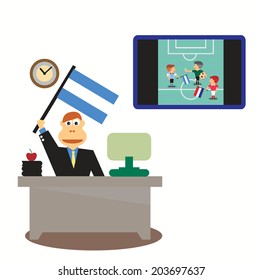 Businessman with Argentina Flag in hand and TV live soccer