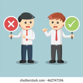 businessman arguing with right wrong sign