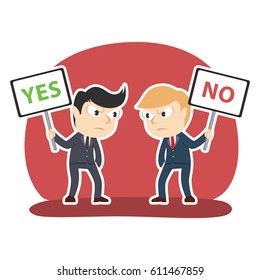 businessman arguing using yes and no sign