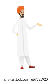 Businessman with arm out in a welcoming gesture. Full length of welcoming hindu businessman. Businessman doing welcome gesture. Vector flat design illustration isolated on white background.