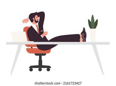 Empresario en sillón y piernas sobre el escritorio. Relajación del gestor en la ilustración vectorial de la estación de trabajo