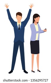 Businessman with arms up and businesswoman