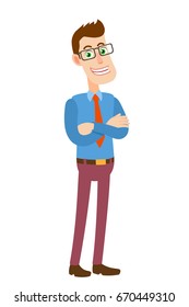 Businessman with arms crossed on his chest. Full length portrait of Cartoon Hipster Businessman Character. Vector illustration in a flat style.