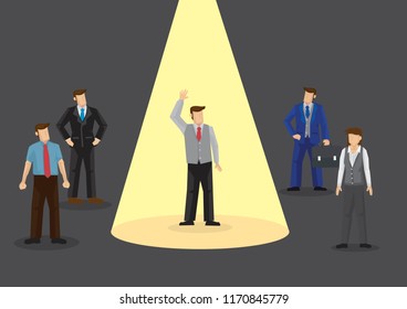 Businessman with arms up with a yellow spot light on him. Concept of corporate accomplishment or success. Vector cartoon illustration.