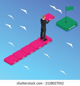 Businessman arrange his fail to be the way toward success isometric 3d vector concept for banner, website, illustration, landing page, flyer, etc.