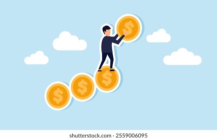 A businessman arranges a row of dollar coins like stairs, illustration of step-by-step arranging and managing company business finances