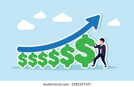 Businessman arranges a row of dollar signs to support a rising blue chart, illustration of efforts to increase business profit and revenue