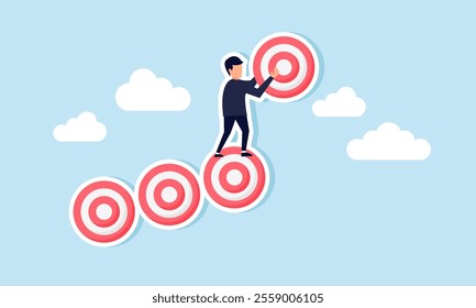 A businessman arranges a row of target boards like stairs, illustration of step-by-step completion of business targets