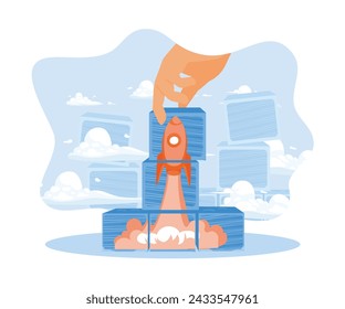 Businessman arranges wooden blocks depicting flying rockets. Starting a new business project. Rocket is launching the boost concept. Flat vector illustration.