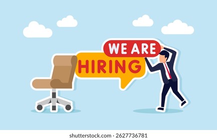 Businessman arranging board and chat dialog with text we are hiring next to office chair illustration of finding candidates for job positions in company