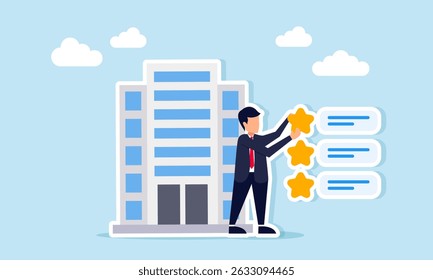 Businessman arranging star list near business company building illustration of review on business company quality standard