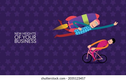 A businessman arrives on a rocket past a man on a bicycle. Vector banner