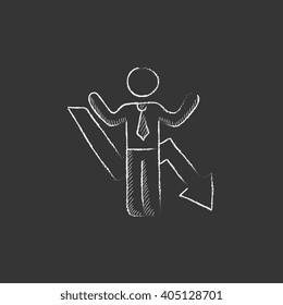 Businessman with arrow down. Drawn in chalk icon.