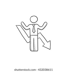 Businessman with arrow down vector sketch icon isolated on background. Hand drawn Businessman with arrow down icon. Businessman with arrow down sketch icon for infographic, website or app.