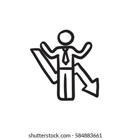 Geschäftsmann mit Pfeil nach unten, Vektorgrafik Symbol einzeln auf Hintergrund. Handgezeichneter Geschäftsmann mit Pfeil nach unten Symbol. Geschäftsmann mit Pfeil-nach-unten-Skizze Symbol für Infografik, Website oder App.