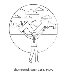 businessman with arrow growth success in the city hand drawing