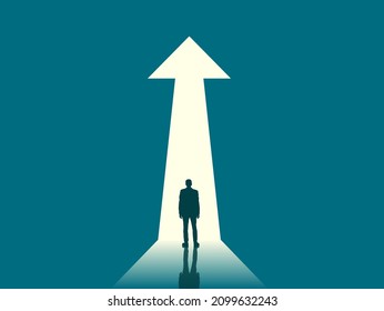 Businessman with Arrow Pointing Forward. Financial success and prosperity vision concept.