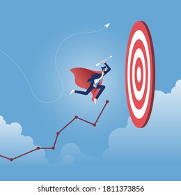 businessman with arrow run on line graph and jump to center of dartboard, Business Concept of targeting and customer, route to success