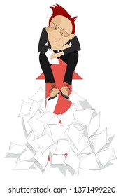 Businessman and arrow signs concept illustration. Sad man sits on the arrow sign arising from the big pile of papers isolated on white   
