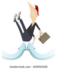 Businessman, arrow sins concept illustration. Businessman with bag and papers is picked up by arrow signs concept illustration vector  
