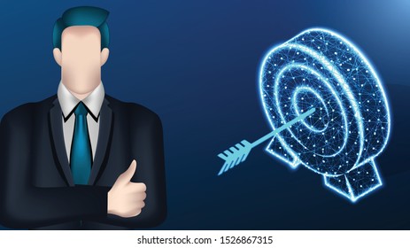 businessman, Arrow target. Abstract low poly wireframe mesh design . Business goal, process, target concept. Vector Illustration on dark blue background