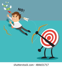 Businessman with arrows missed target, vector illustration cartoon
