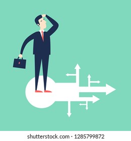 Businessman with arrows on background. Flat style vector illustration.