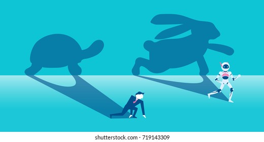 businessman and artificial intelligence with competition concept on the green background