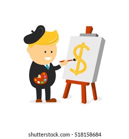 businessman artist painter draws a dollar sign on canvas. business creative concept create your capital finance. Vector flat cartoon business character illustration. Isolated on white background