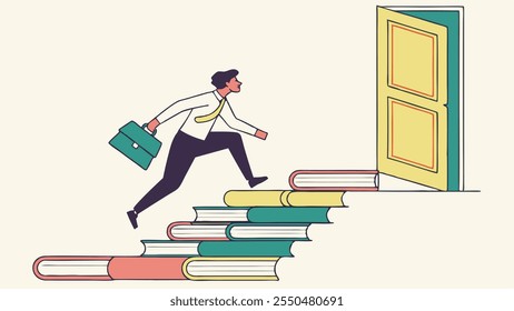 A businessman ascends a staircase made of books toward an open door, symbolizing the pursuit of knowledge and career advancement through education.