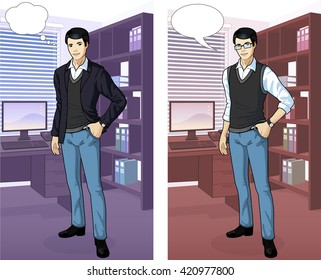 Businessman of Asian ethnicity in office interior scene with detailed background vector illustrations variation set