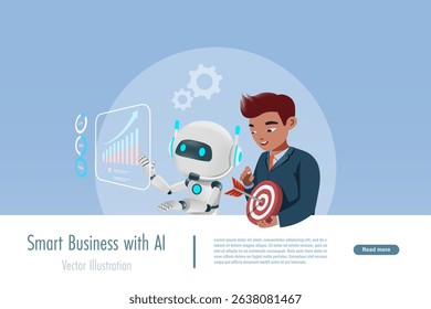 Businessman ask AI robot to develop growth of business target marketing. Smart business working with artificial intelligence technology in analyzing business data research and develop success solution