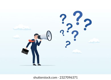 Businessman ask questions on megaphone with lot of question mark, ask questions to get answer for solving problem, ask for solution or curiosity, request explanation to solve issue or trouble (Vector)