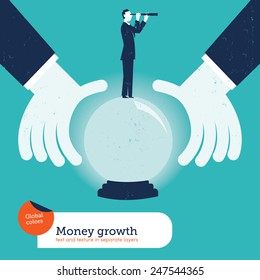 Businessman Asking A Crystal Ball With A Businessman And Spyglass.
Vector Illustration Eps10 File. Global Colors. Text And Texture In Separate Layers.