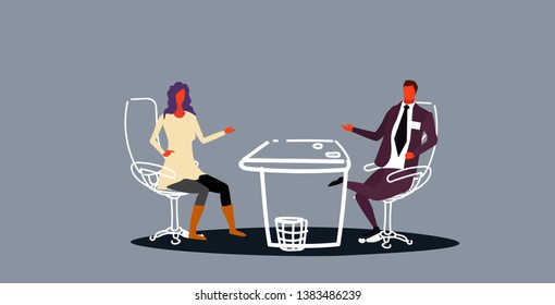 businessman asking questions and listening to candidate woman answers apply job interview concept modern office interior horizontal sketch
