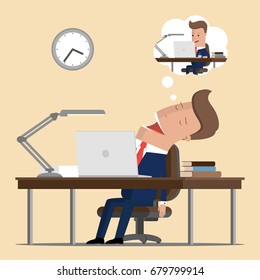 Businessman asleep at work and sees a dream in which he works. Vector illustration