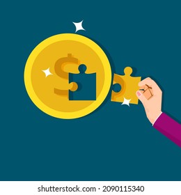 A businessman assembles a coin puzzle. financial concept