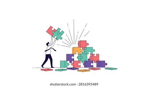 Businessman assembling a pyramid of colorful jigsaw puzzle pieces to complete a project, team building and problem solving vector.