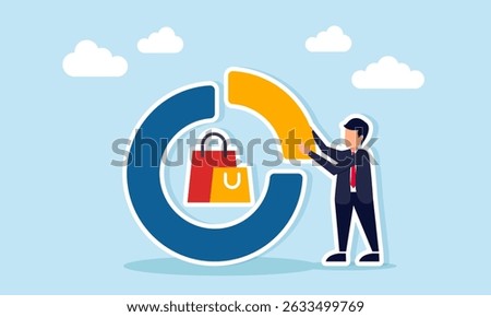 Businessman assembling a shopping bag marked pie chart illustration of calculating business spending budget for operational needs