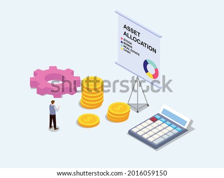 Businessman with asset allocation plan isometric 3d vector concept for banner, website, illustration, landing page, flyer, etc.