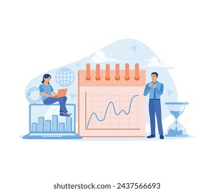  Businessman and assistant analyzing finances. Create strategic ideas to achieve business targets. Business Plan concept. Flat vector illustration.