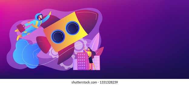 Businessman in astronaut costume flying up with rocket into space and tiny people. Space travel, space tourism, commercial spacecraft concept. Header or footer banner template with copy space.