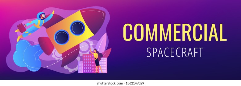 Businessman in astronaut costume flying up with rocket into space and tiny people. Space travel, space tourism, commercial spacecraft concept. Header or footer banner template with copy space.