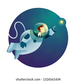 Businessman in an astronaut costume is trying to get a star from the sky. The concept of leadership and achievement.