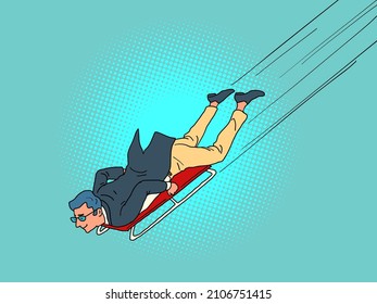 Businessman athlete goes down on a sled, speed active sports