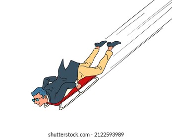 Businessman athlete goes down on a sled, speed active sports
